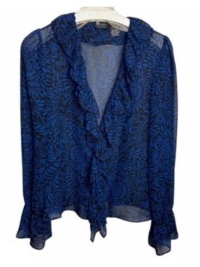 NICOLE by NICOLE MILLER Blue Black Floral Ruffle Blouse Chiffon V-Neck Tie Front